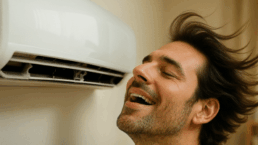 Hombre disfrutando del aire acondicionado en verano gracias a una tarifa de luz estable con energía solar