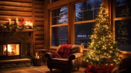 Salón de madera decorado en Navidad con luces LED y árbol iluminado junto a una chimenea encendida