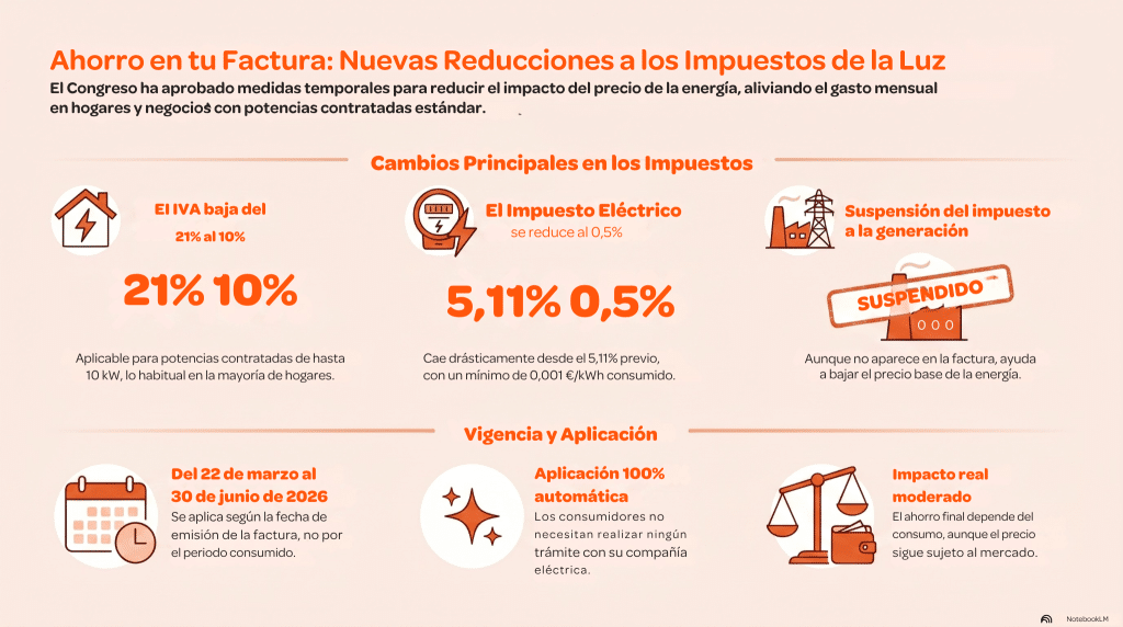Ahorro en tu Factura Nuevas Reducciones a los Impuestos de la Luz El Congreso ha aprobado medidas temporales para reducir el impacto del precio de la energía, aliviando el gasto mensual en hogares